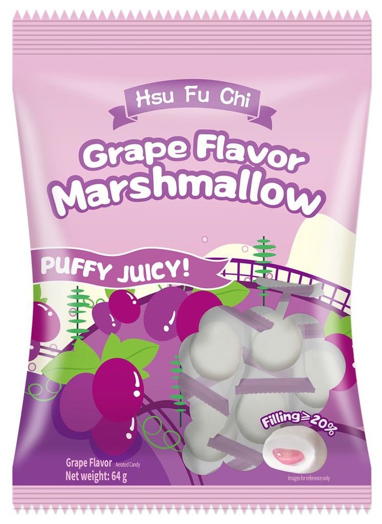 XFJ Hsu Fu Chi Grape Flavour Marshmallow | 徐福记 夹馅棉花糖 葡萄味 (英文版袋装) 20bags*64g