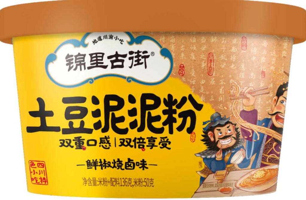 BJ Mashed Potato With Rice Noodle (Braised Pepper BBQ Flavor) 白家 锦里古街土豆泥泥粉鲜椒烧卤味碗装 12bowls*136g
