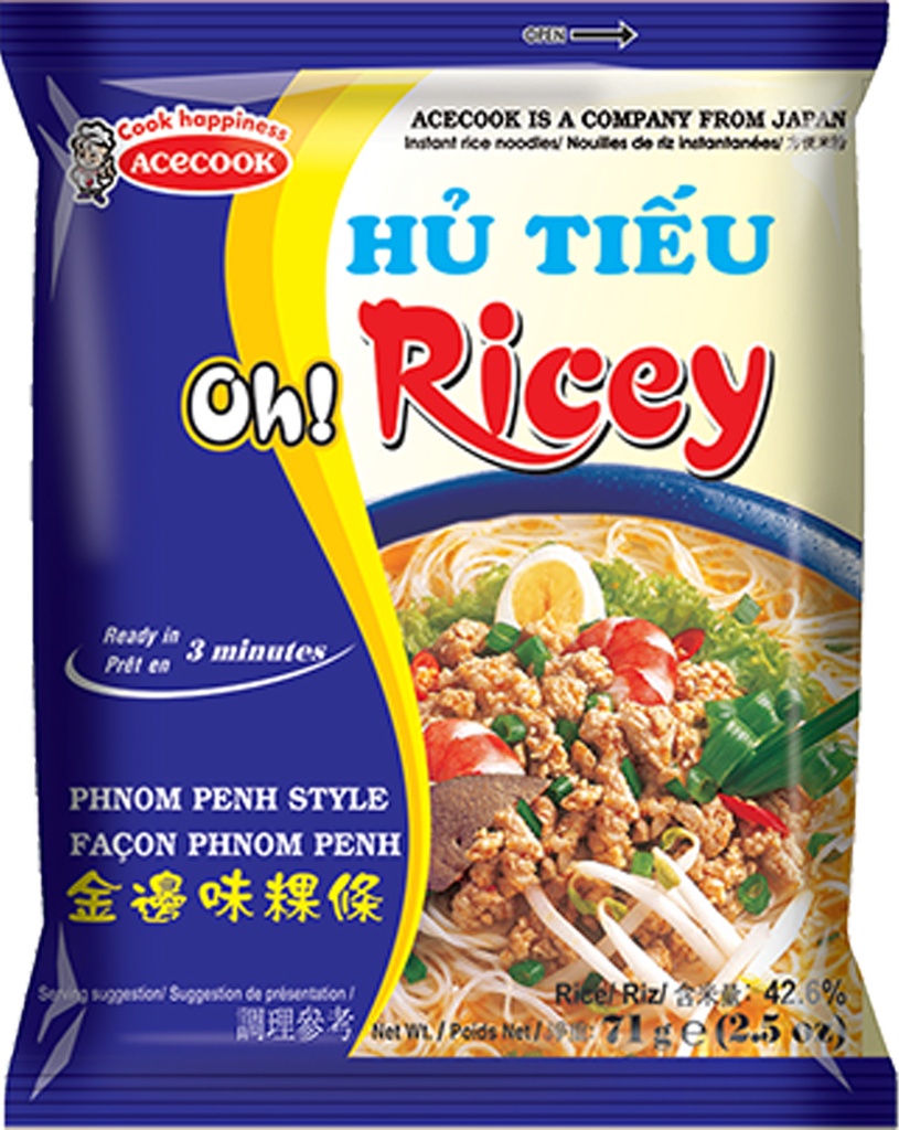 ACECOOK Oh! Ricey Phnom Penh Style Instant Rice Noodles | ACECOOK Oh! Ricey 金边味粿条 24bags*71g [Hu Tieu Nam Vang]