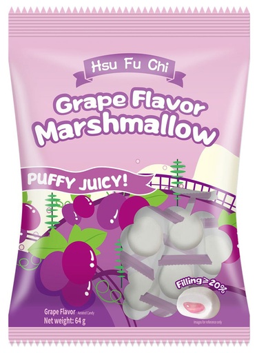 [B56306-1] XFJ Hsu Fu Chi Grape Flavour Marshmallow | 徐福记 夹馅棉花糖 葡萄味 (英文版袋装) 20bags*64g
