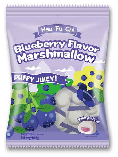 [B56307-1] XFJ Hsu Fu Chi Blueberry Flavour Marshmallow | 徐福记 夹馅棉花糖 蓝莓味 (英文版袋装) 20bags*64g