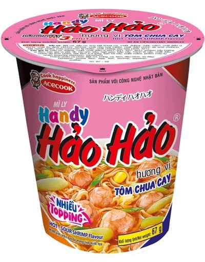 [D58201] ACECOOK Handy Hao Hao Hot & Sour Shrimp Instant Noodles Cup | ACECOOK Hao Hao 酸辣虾味方便杯面 12cups*68g [Mi Ly Tom]
