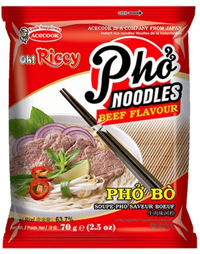 [D62201] ACECOOK Oh! Ricey Beef Flavor Pho Instant Rice Noodles | ACECOOK Oh! Ricey 牛肉味河粉 24bags*70g [Pho Bo]